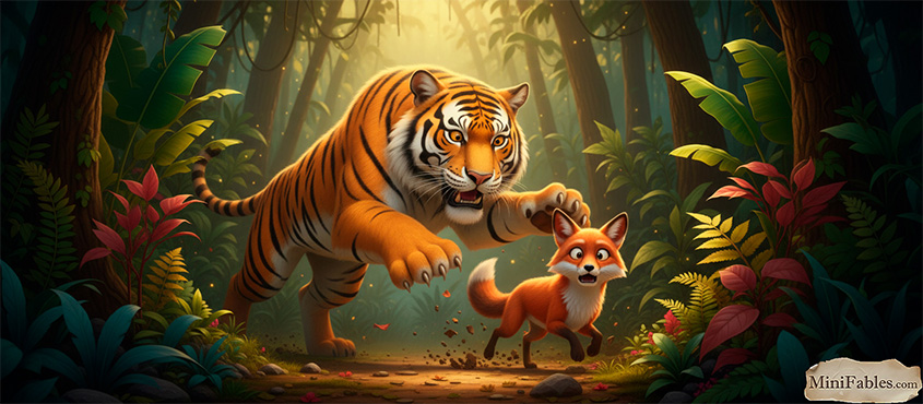 Иллюстрация к сказке Лиса пользуется мощью тигра