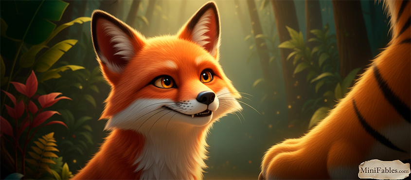 Иллюстрация к сказке Лиса пользуется мощью тигра