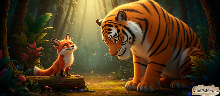 Иллюстрация к сказке Лиса пользуется мощью тигра
